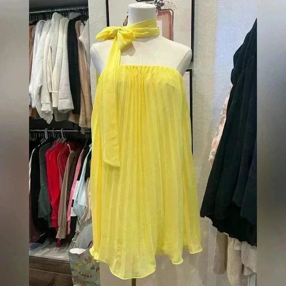 NWT SHEIN Haute Neck Tie Pleated Dress-Yellow-Size M - Picture 10 of 13